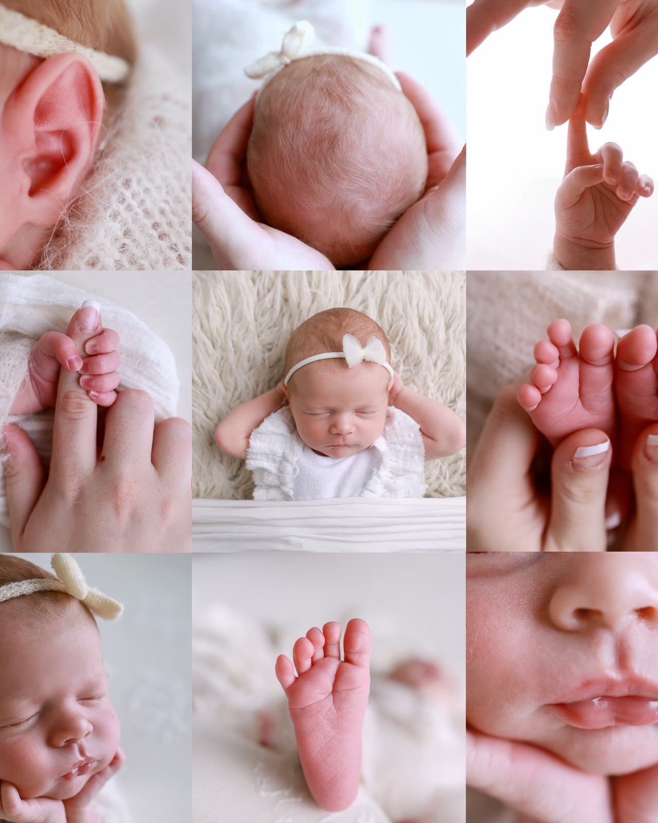 Collage of nine newborn detail shots from a session - a tiny ear, the baby's head cradled in hands, a finger grip, curled toes, and a sleeping profile with a bow headband
