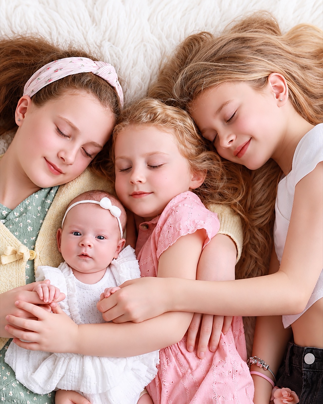 Three older sisters cuddled together with their newborn baby sister, all lying close on white faux fur