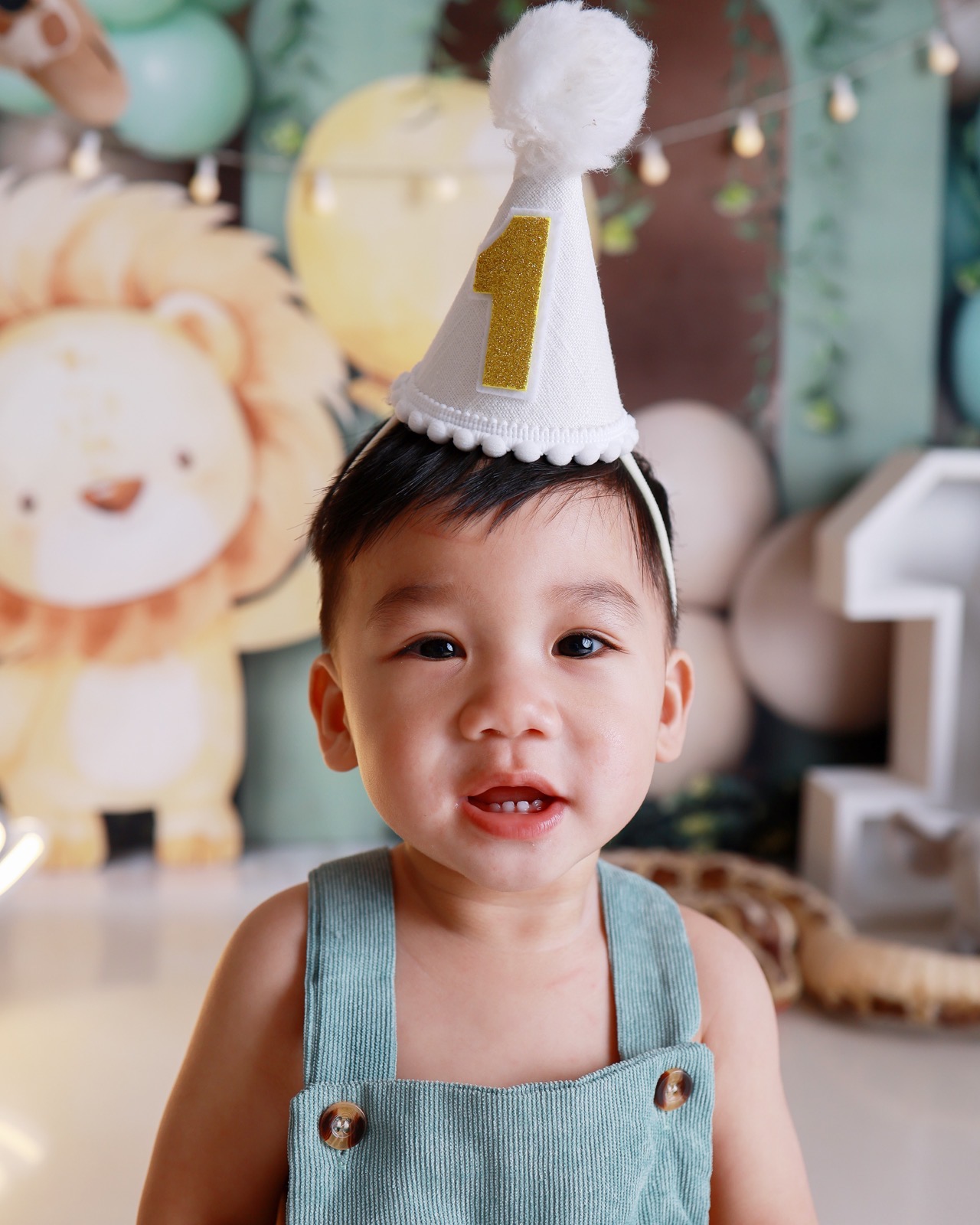 Close-up portrait of a toddler boy in a white '1' party hat with a gold number, safari-themed backdrop