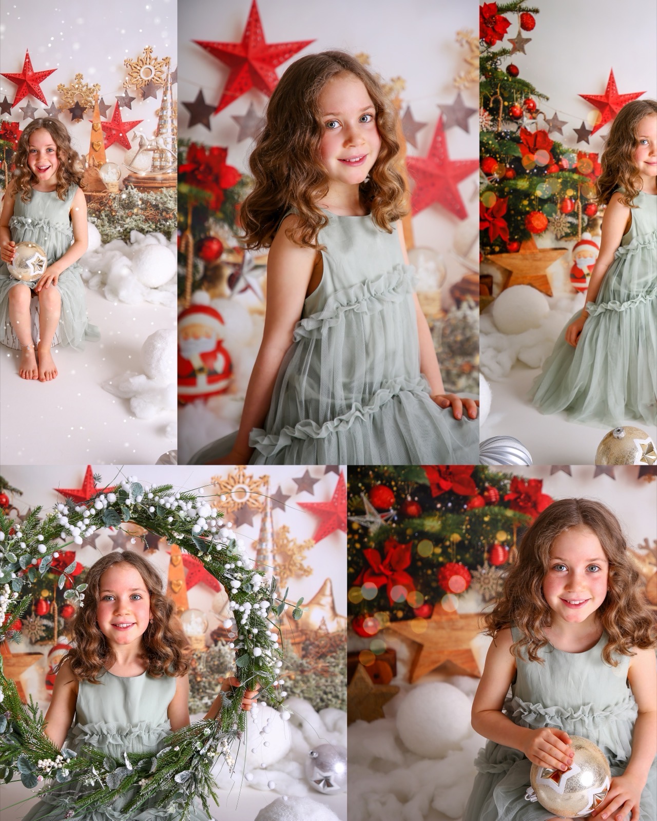 Collage of a girl in a sage green tulle dress posing among Christmas stars and a wreath