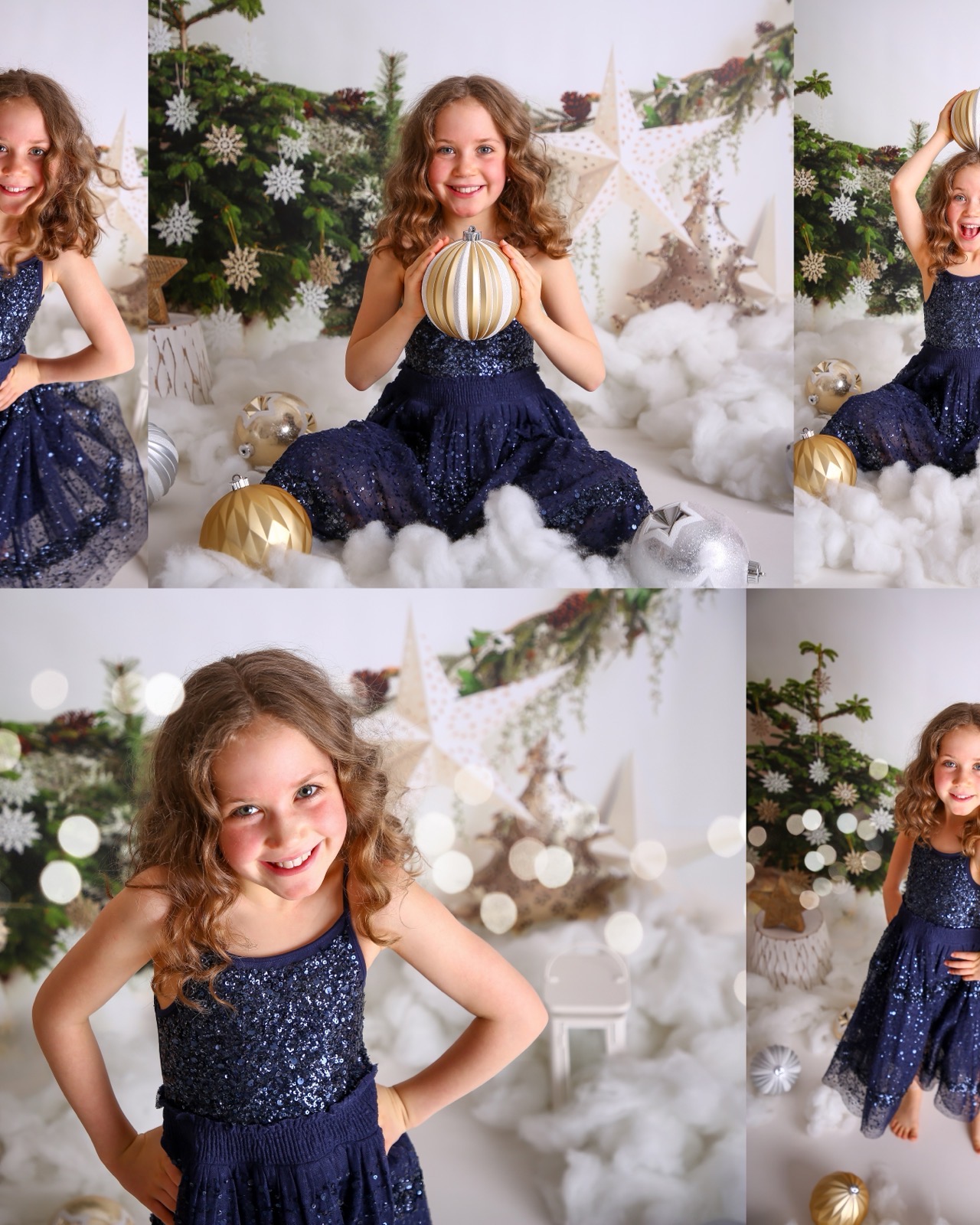 Collage of a girl in a navy sequin dress posing with gold and silver ornaments