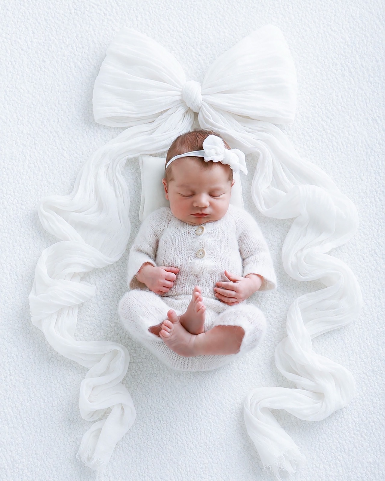 Newborn baby lying on a white blanket, styled with a large white ribbon bow and a knitted white outfit