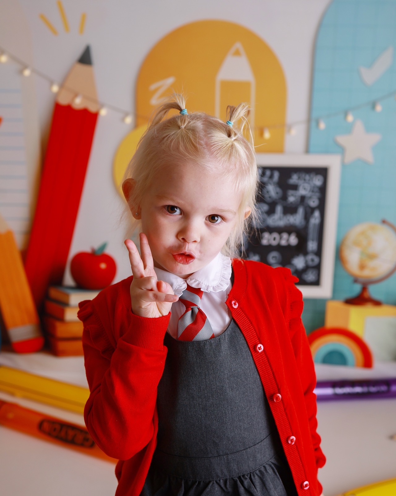 Girl pulling a playful pout and making a peace sign, red cardigan and grey pinafore