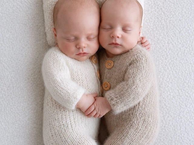 Twins asleep cheek to cheek, holding hands, in cream and beige knit outfits, from a twins photography session