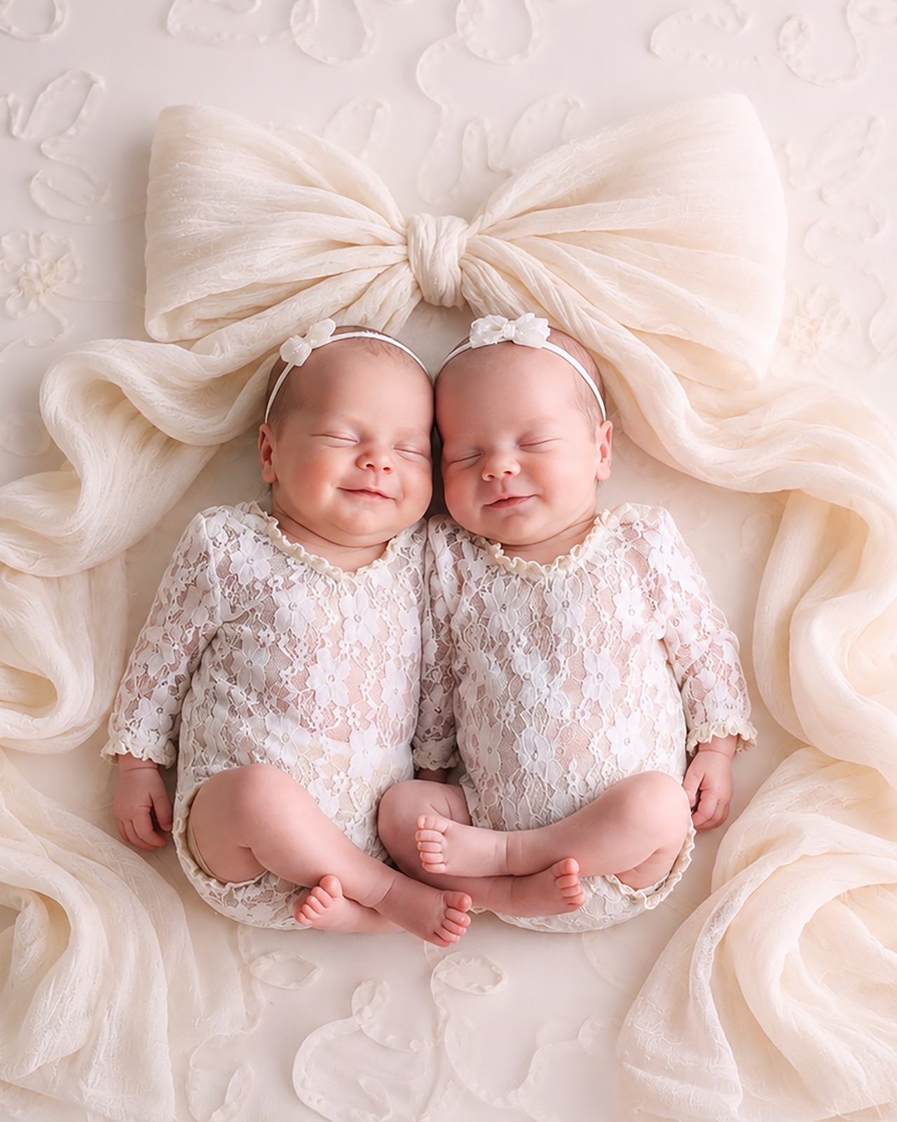 Newborn twin girls lying together on a cream wrap, both smiling in their sleep with feet touching
