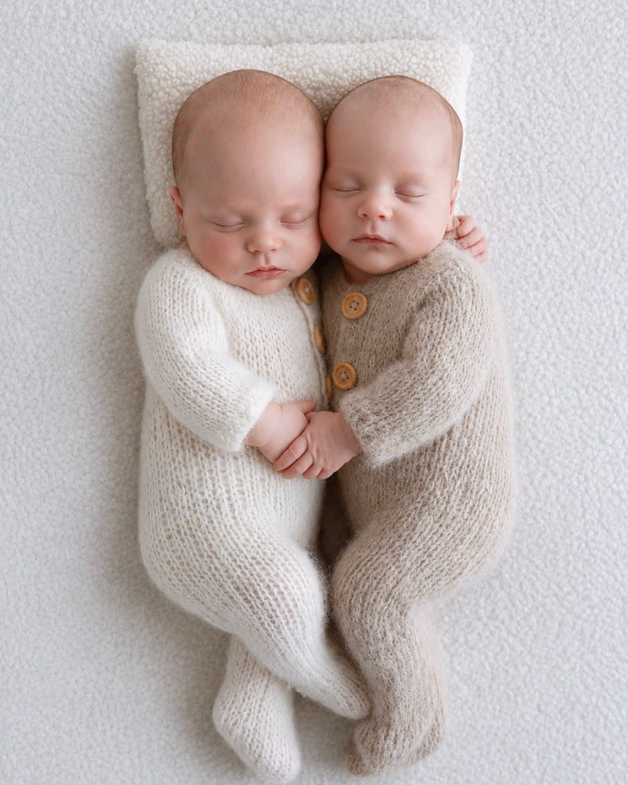 Newborn twin boys asleep side by side on a shared pillow, arms wrapped around each other
